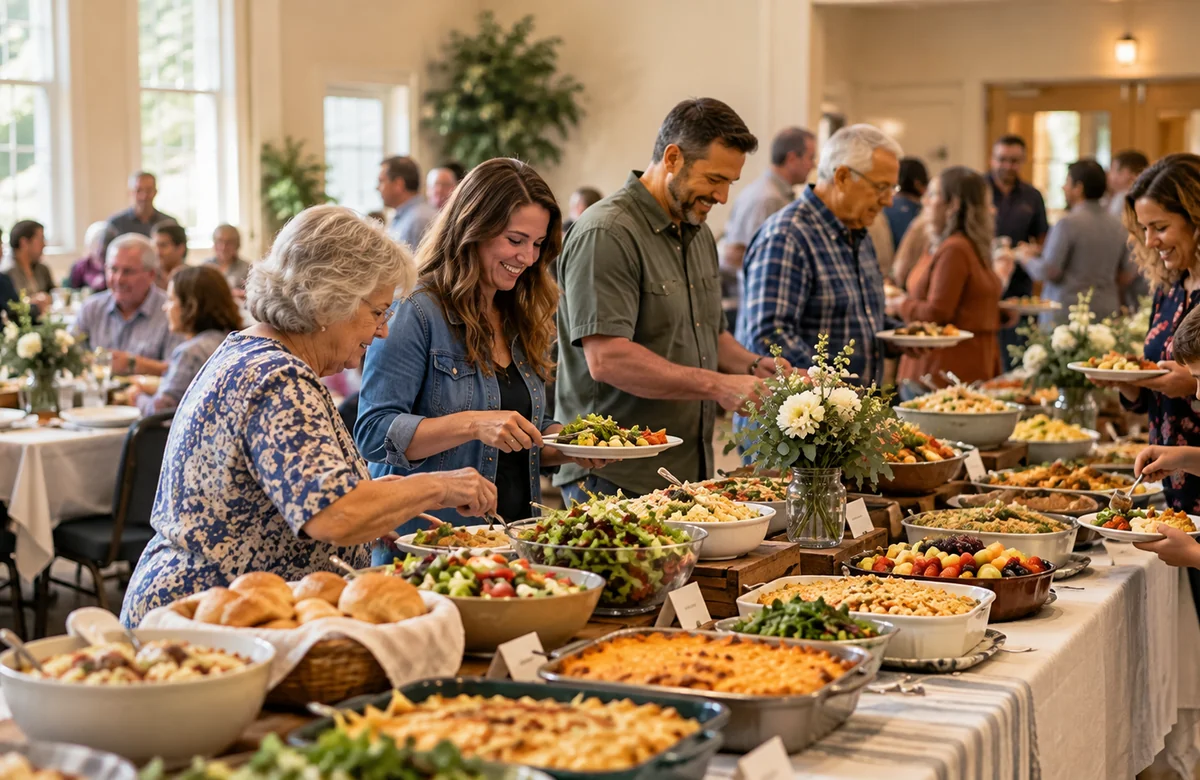 Illustrative gathering scene: Potlucks & Community Meals