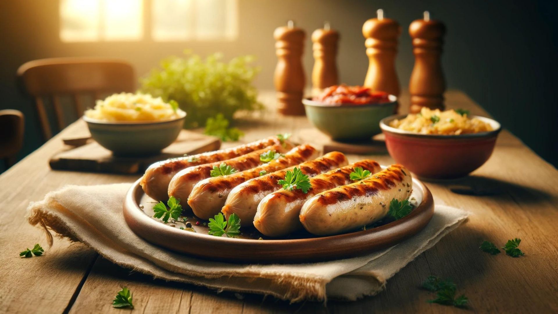 Homemade Chicken Sausage on a table with all the fixings