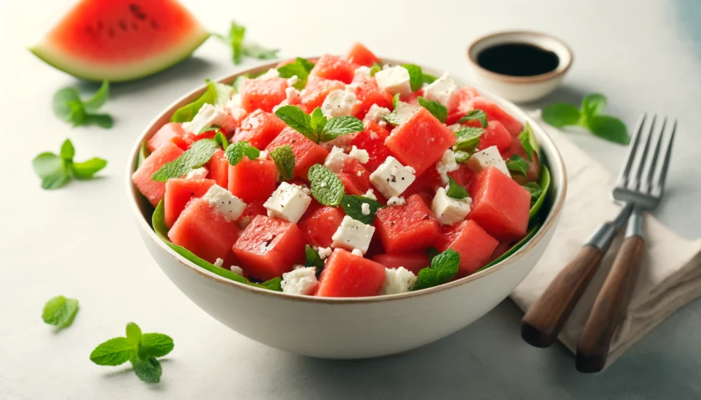 A vibrant and refreshing watermelon feta salad in a large bowl. The salad features juicy watermelon cubes, crumbled feta cheese, and chopped fresh mint leaves, drizzled with balsamic glaze. The background is light and neutral, highlighting the colorful ingredients.