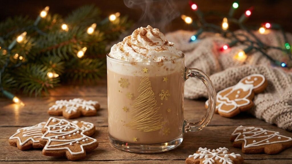 Mug of gingerbread milk topped with whipped cream and cinnamon in a warm holiday setting.