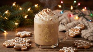 Mug of gingerbread milk topped with whipped cream and cinnamon in a warm holiday setting.