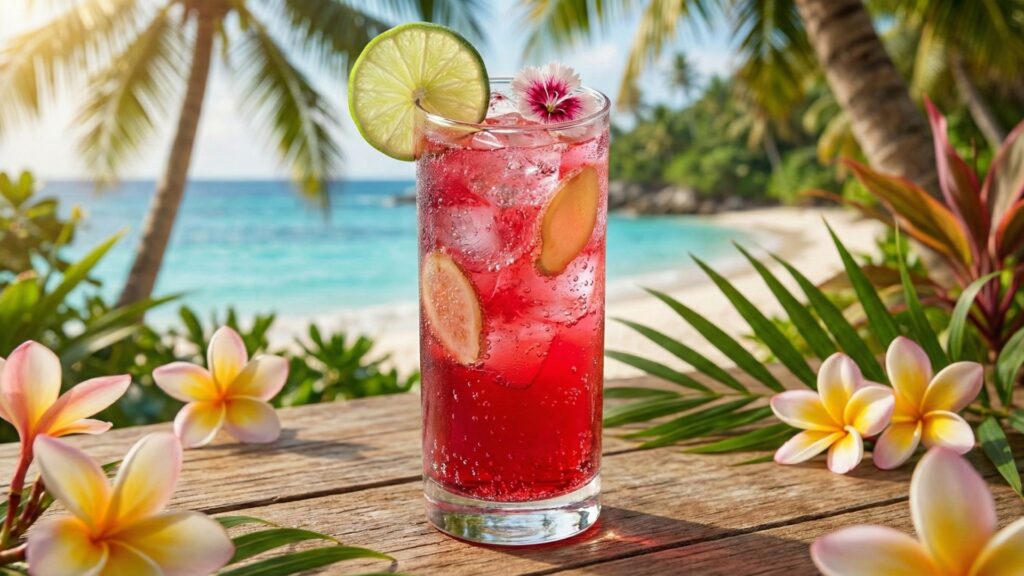 Glass of hibiscus ginger kombucha fizz served over ice with lime slices, ginger, and hibiscus flowers.