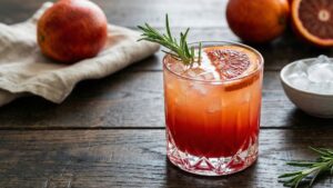 Sparkling blood orange mocktail in a crystal glass with ice, garnished with a rosemary sprig and orange slice on a dark wooden table.