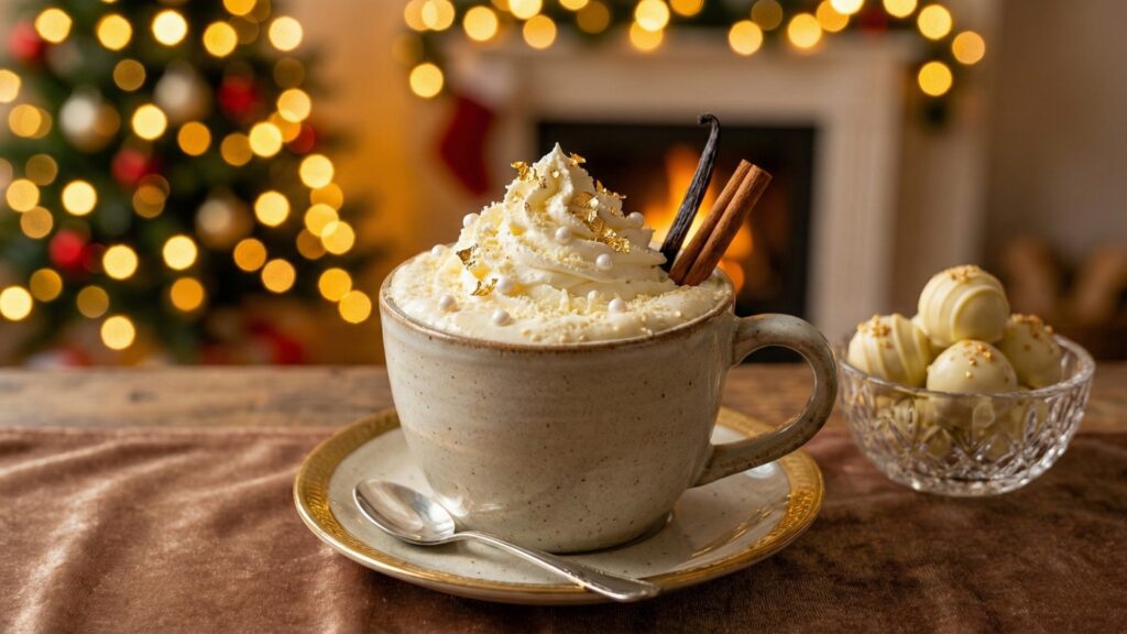 A mug of creamy white Christmas cocoa topped with whipped cream and white chocolate shavings, with warm Christmas lights in the background.