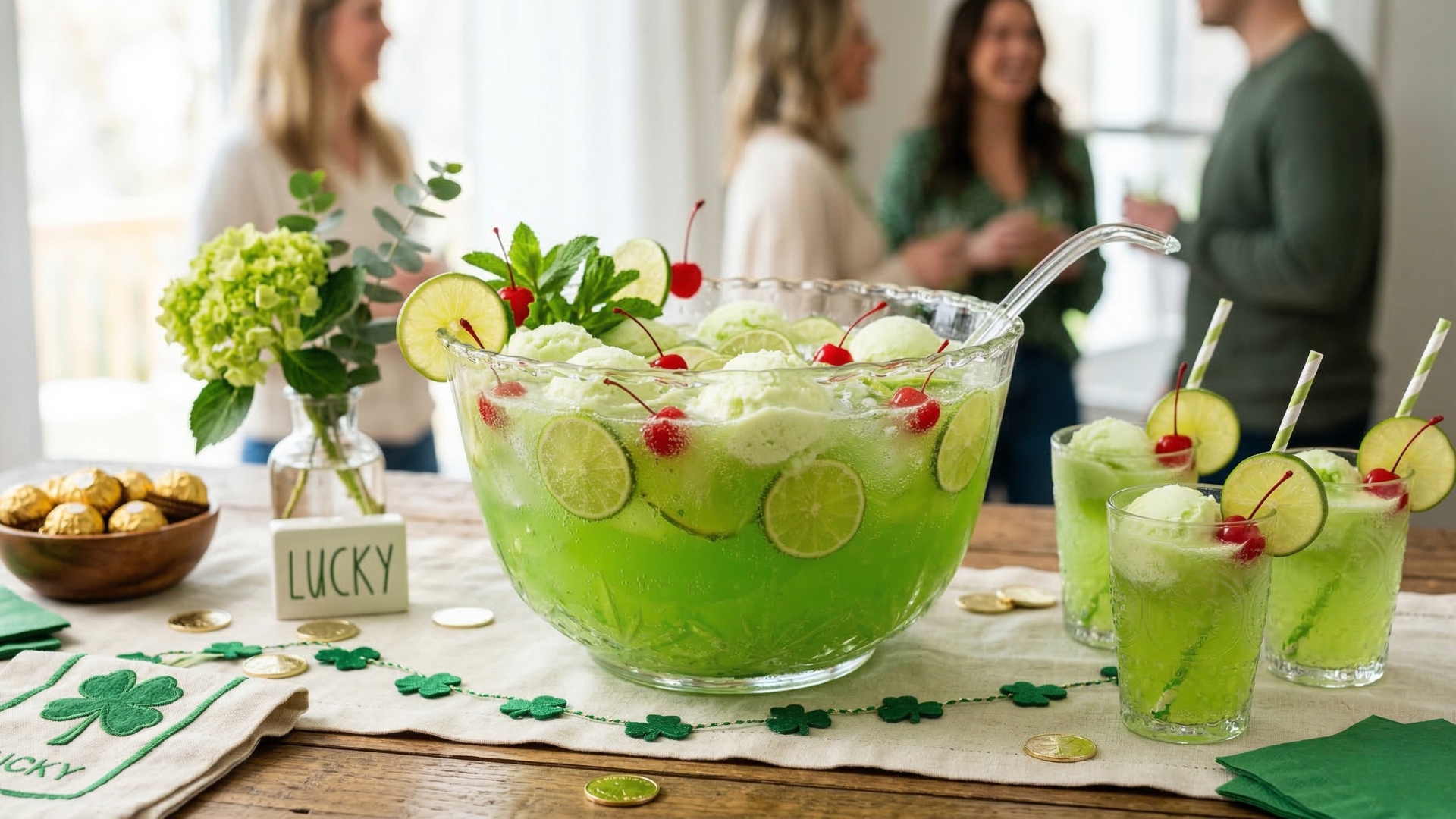 Lucky Lime Sherbet Punch in a glass punch bowl with lime slices and fizzy green punch