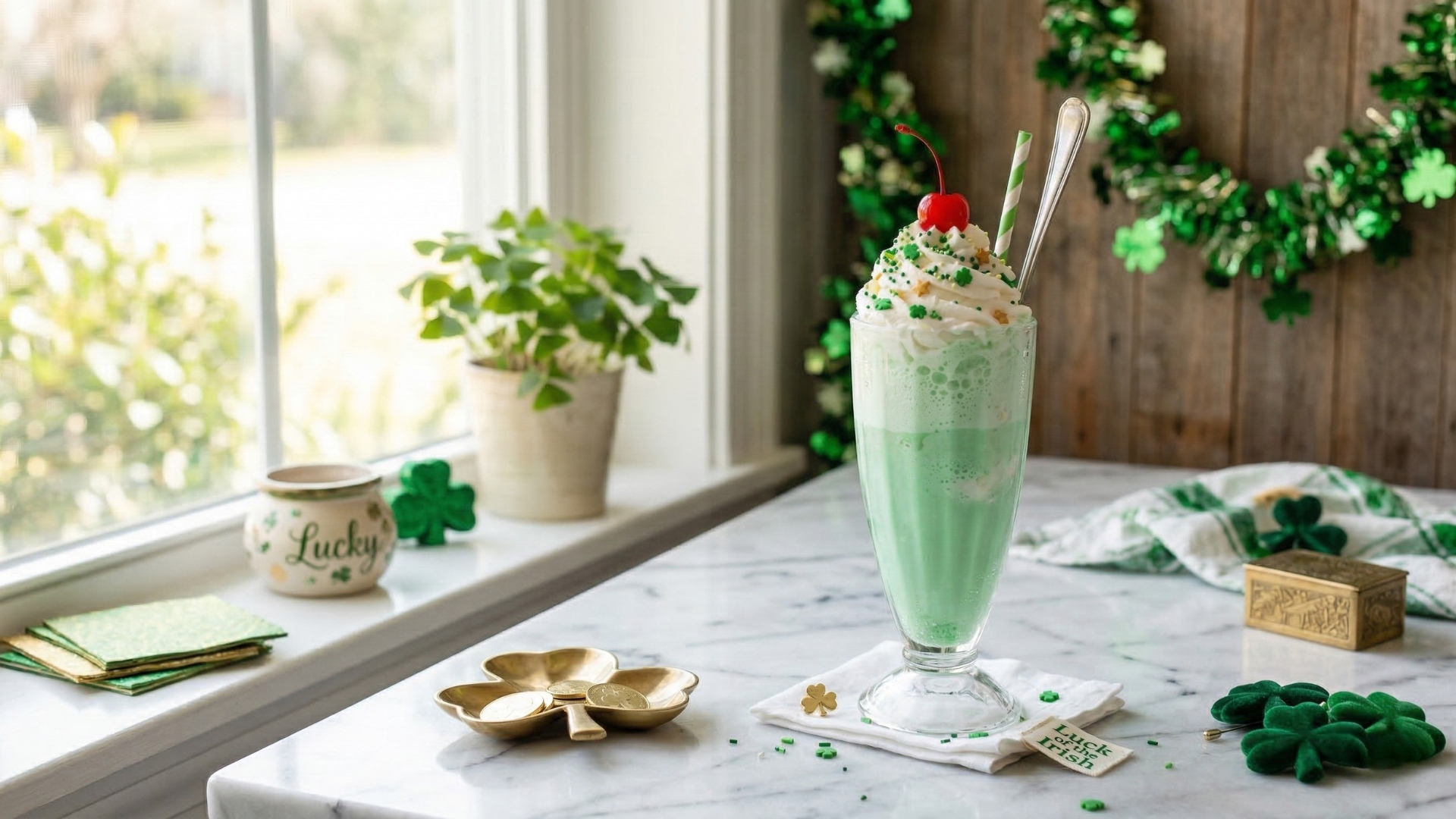 Shamrock cream soda float in a tall glass topped with whipped cream, cherry, and green sprinkles
