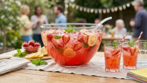 Large glass punch bowl filled with strawberry lemonade punch, fresh strawberries, lemon slices, and ice on a bright table setting