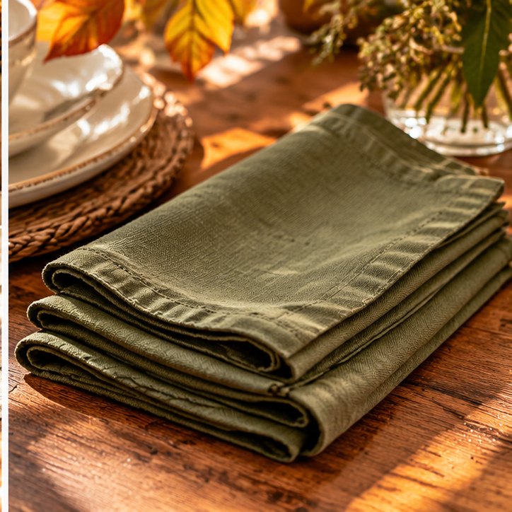 Illustrative olive-green napkins for fall table styling
