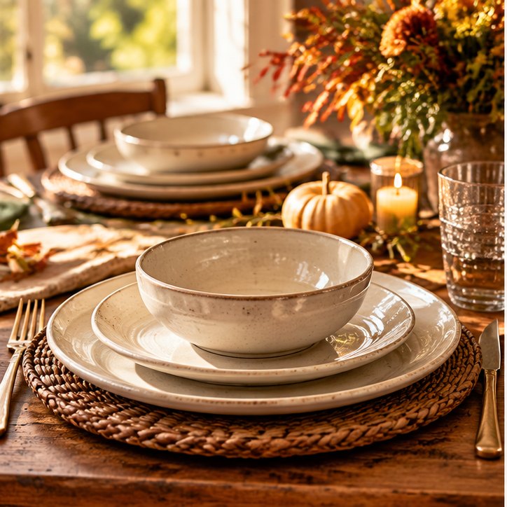 Illustrative neutral dinnerware on an autumn table