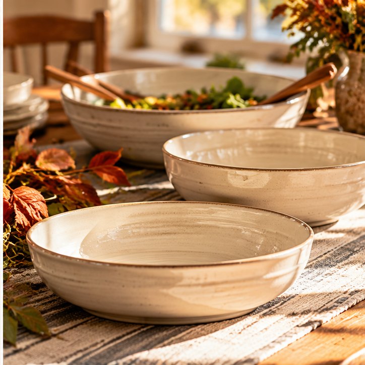Illustrative serving bowls arranged for a fall dinner